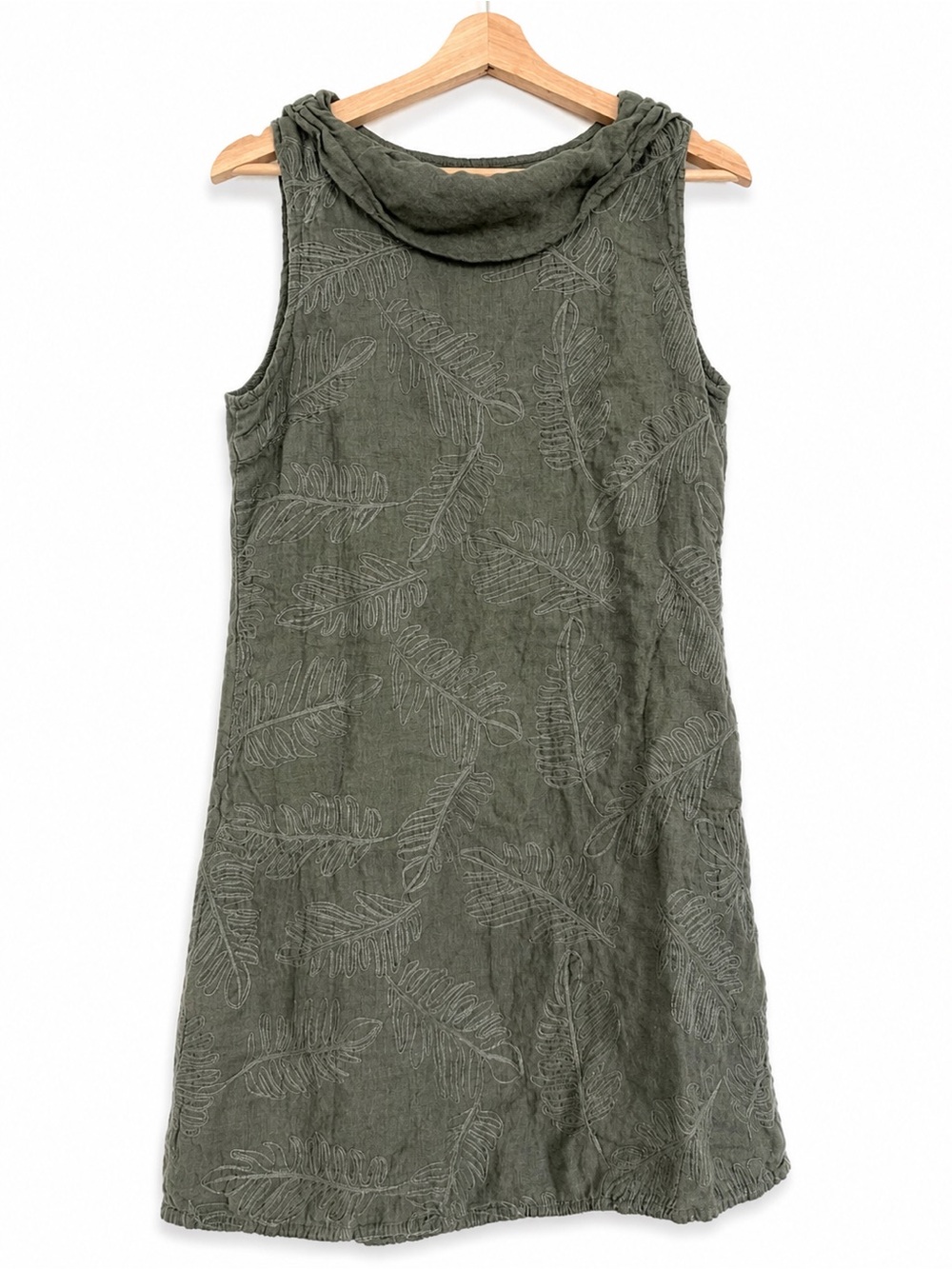 Lina Tomei Italian Linen Blend Embroidered Sleeveless Olive Dress